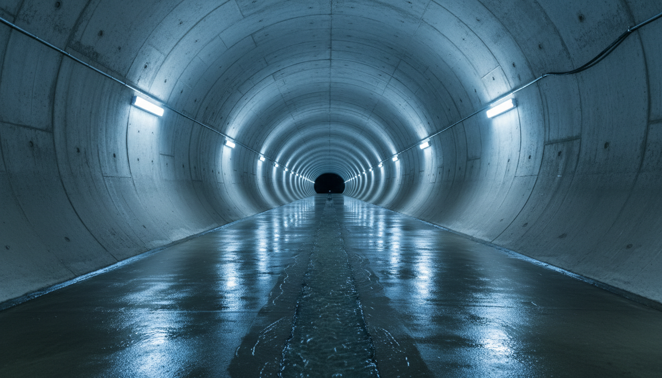 A wide underground concrete sewer tunnel with smooth cylindrical walls adorned with evenly spaced LED lighting, casting a cold but uniform bluish-white glow along the wet, reflective floor. Subtle trickles of water flow along the channel, and the texture of the reinforced concrete is clearly visible. Faint echoes and receding darkness at the tunnel's far end invoke depth and continuity. The composition uses a strong central vanishing point for dynamic perspective, creating a mood that is both industrial and reassuringly well-maintained. The image is rendered in a highly realistic, slightly dramatic style suitable for technical yet public-facing communication.