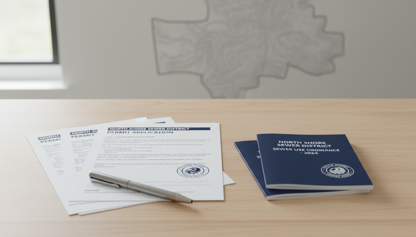 A set of neatly organized application forms and official ordinance booklets with navy blue and white covers, prominently stamped with the North Shore Sewer District logo, displayed on a minimalist light wood desktop. A modern, brushed stainless steel pen rests alongside, while the background features a blurred map of the district boundary in subtle gray tones. Soft, even daylight streams in from a nearby window, casting gentle, natural shadows and creating a sense of accessibility and transparency. The scene is captured at eye-level with an emphasis on orderliness and clarity, embodying a governmental and approachable tone with a clean, modern aesthetic.