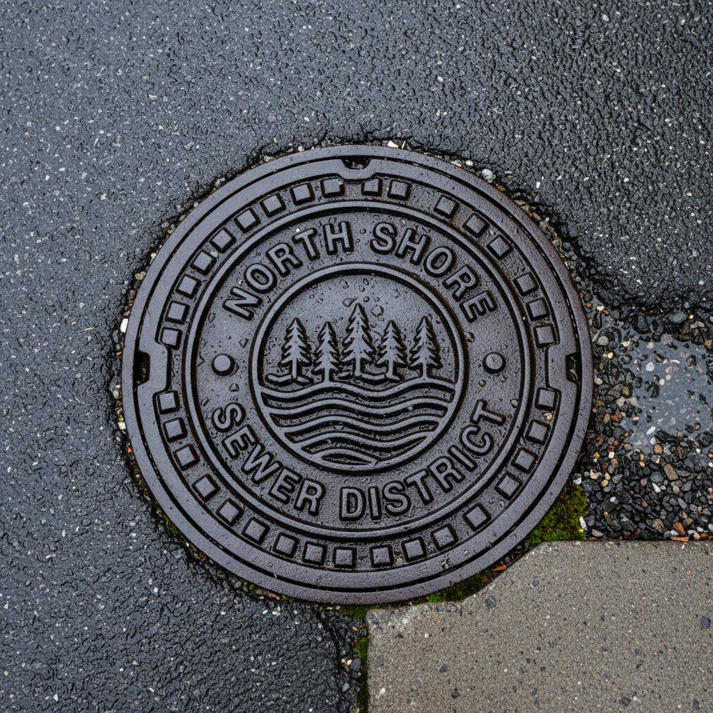A manhole cover with the writing 'Duluth North Shore Sanitary District' clearly displayed on it.